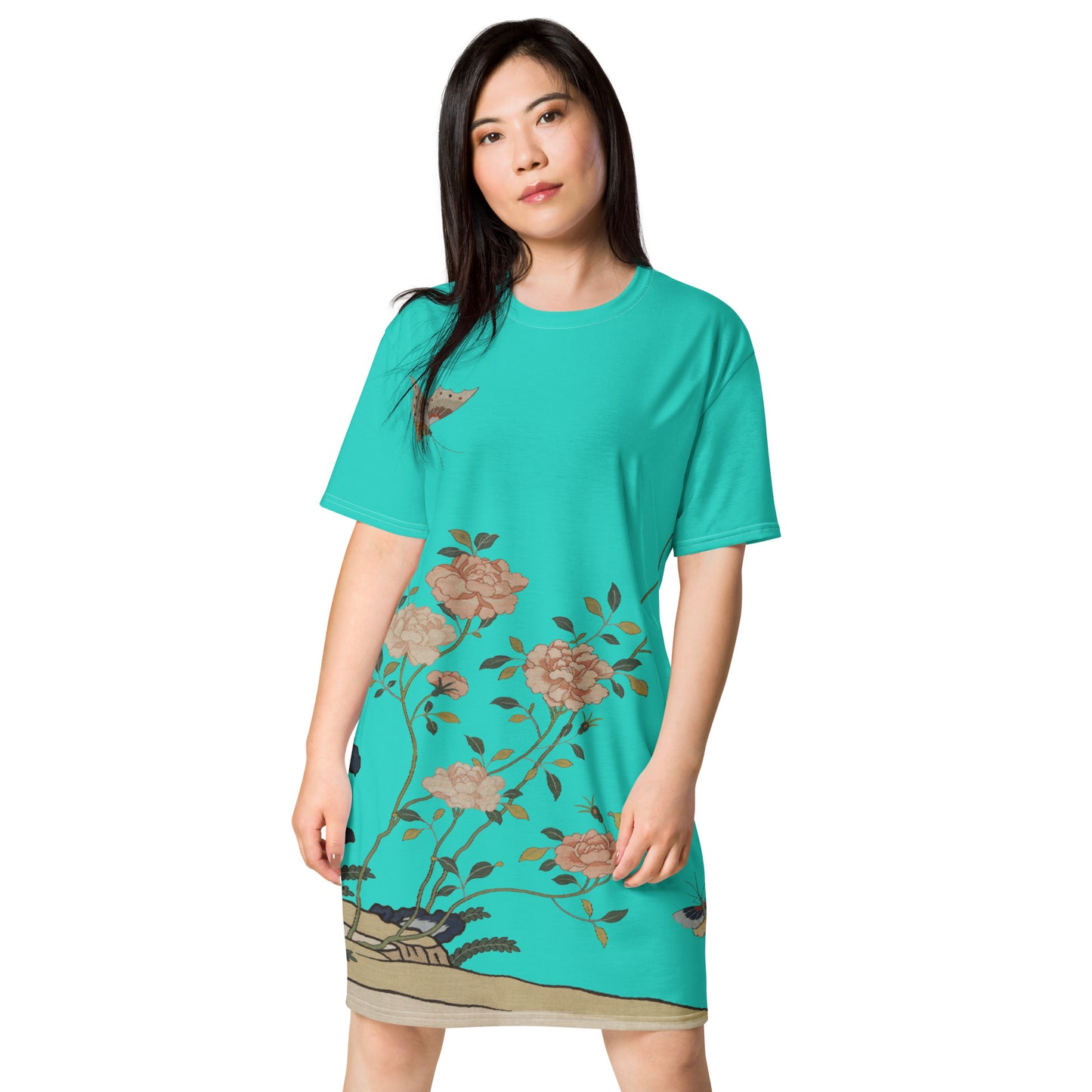 Kesi Flower Album｜Red Roses｜T-shirt dress｜Turquoise