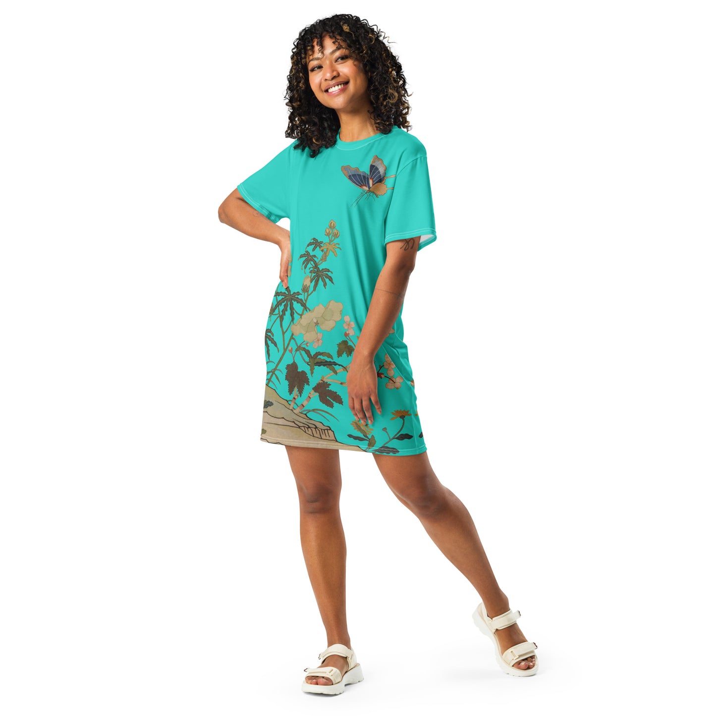 Kesi Flower Album｜Hibiscus and Begonia Blossoms｜T-shirt dress｜Turquoise