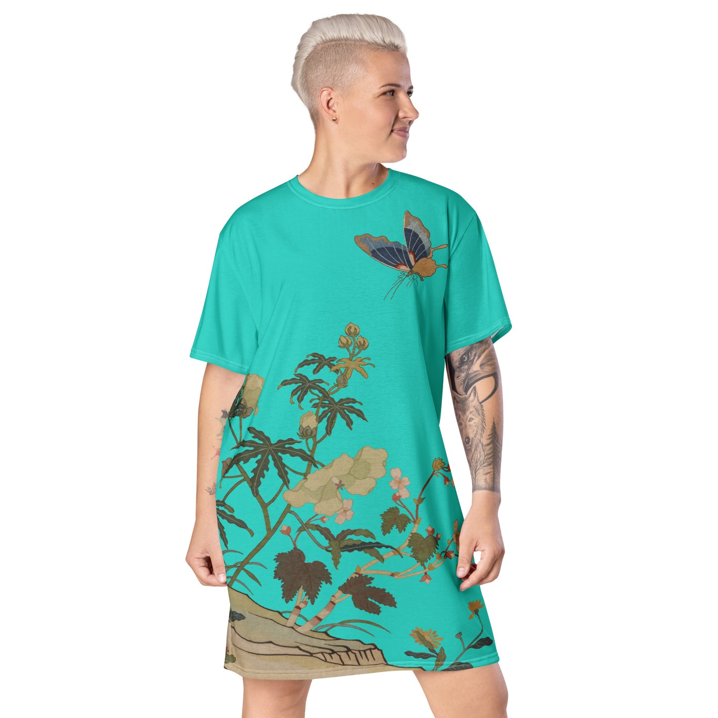 Kesi Flower Album｜Hibiscus and Begonia Blossoms｜T-shirt dress｜Turquoise