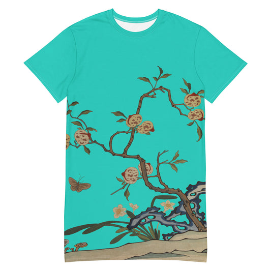 Kesi Flower Album｜Narcissus and Peaches｜T-shirt dress｜Turquoise