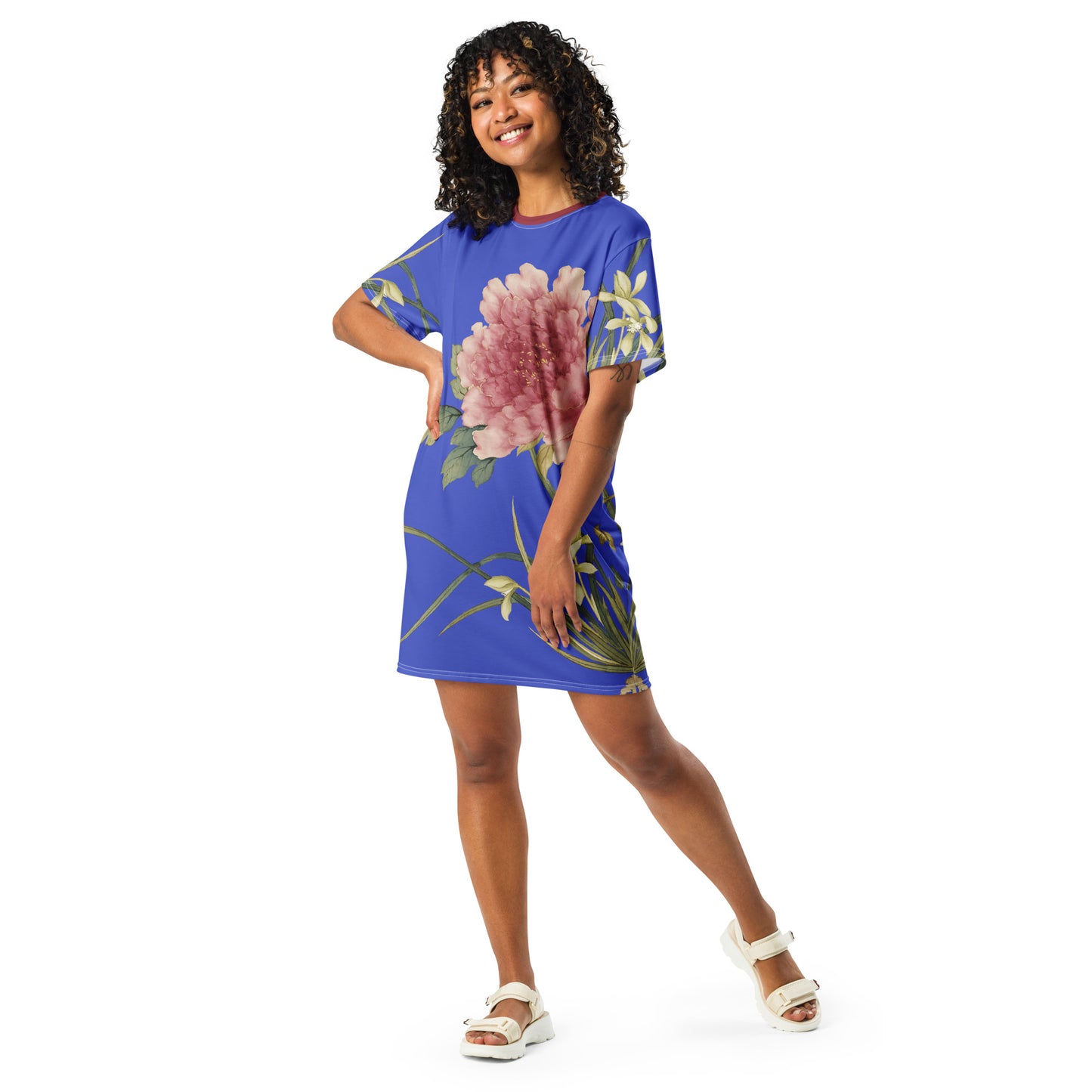 The Spirit of Flowers in Twelve Months｜Orchid and Tree Peony in Bloom｜T-shirt dress｜Royal blue