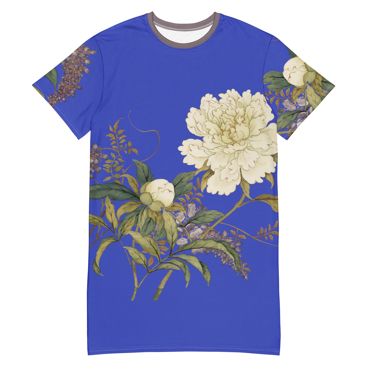 12月の花神様｜Chinese Peony and Wisteria in Bloom｜Tシャツドレス｜ロイヤルブルー