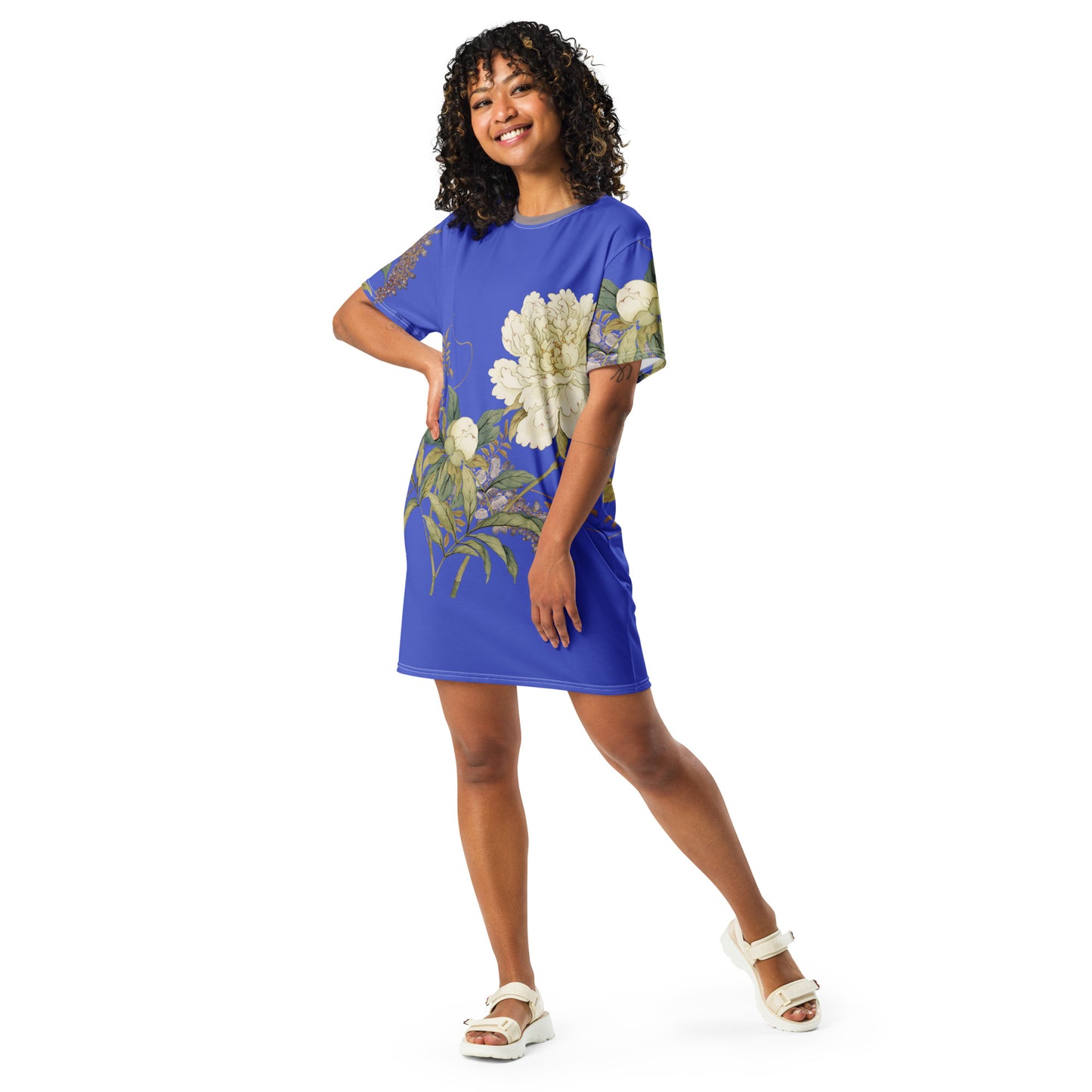 The Spirit of Flowers in Twelve Months｜Chinese Peony and Wisteria in Bloom｜T-shirt dress｜Royal blue