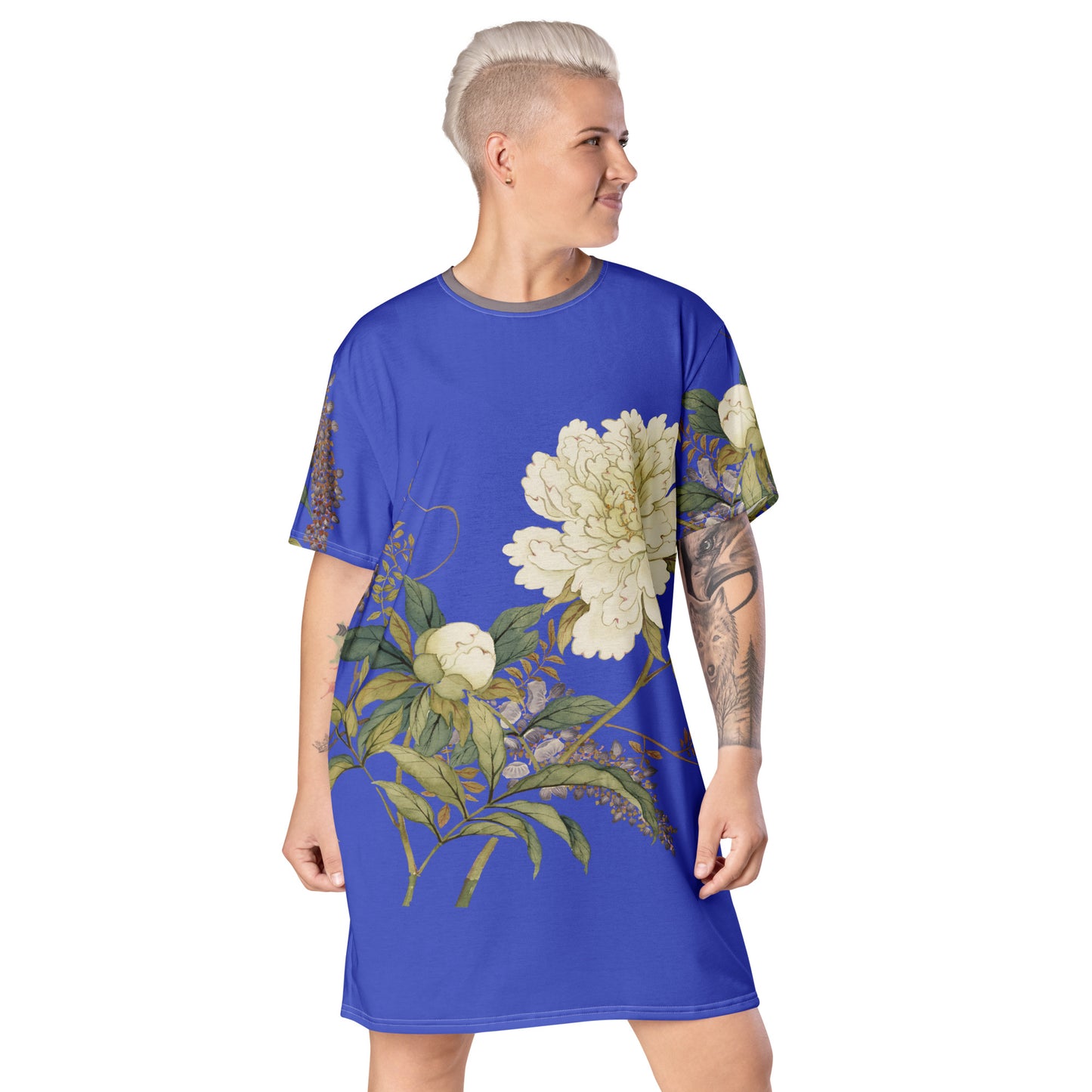 12月の花神様｜Chinese Peony and Wisteria in Bloom｜Tシャツドレス｜ロイヤルブルー