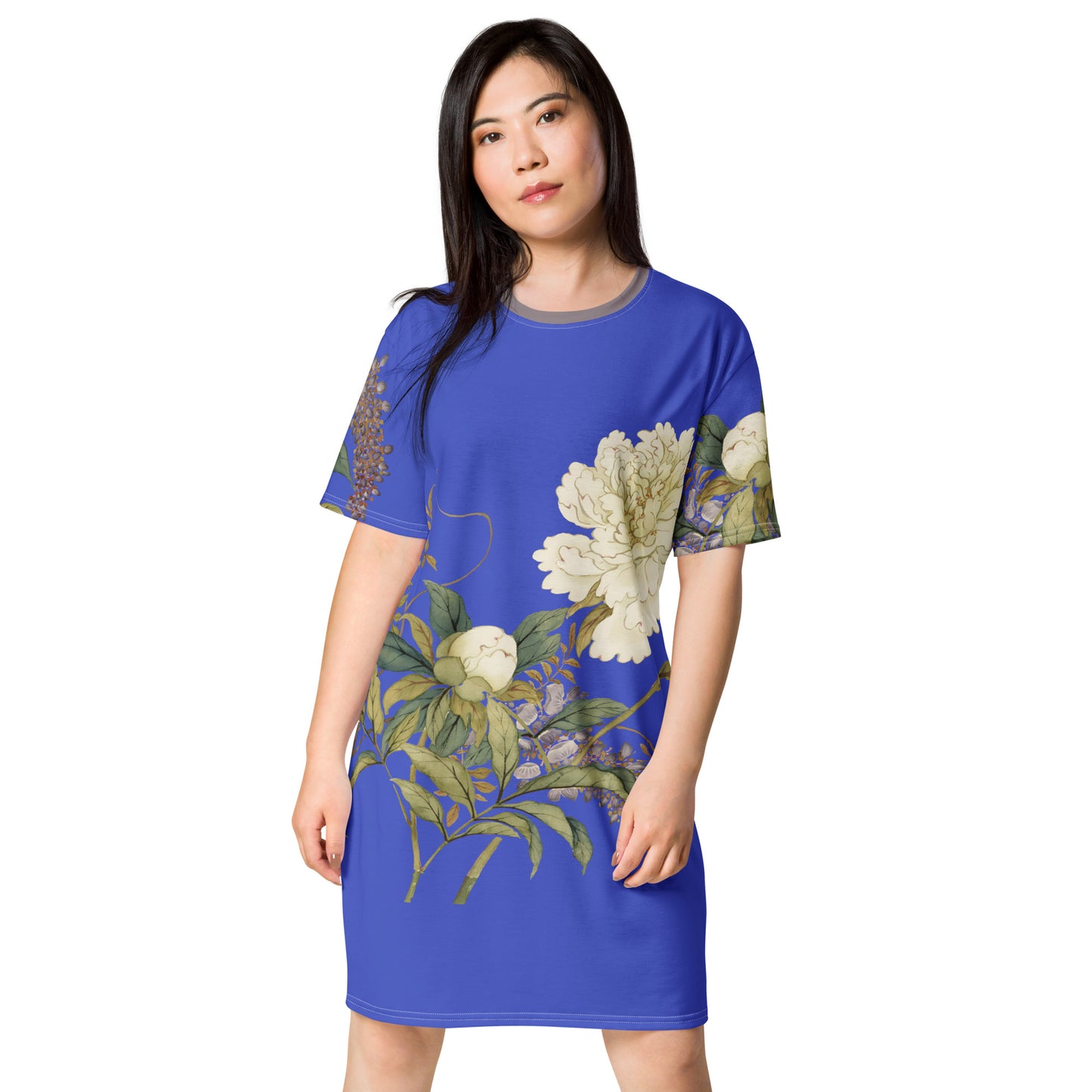 12月の花神様｜Chinese Peony and Wisteria in Bloom｜Tシャツドレス｜ロイヤルブルー