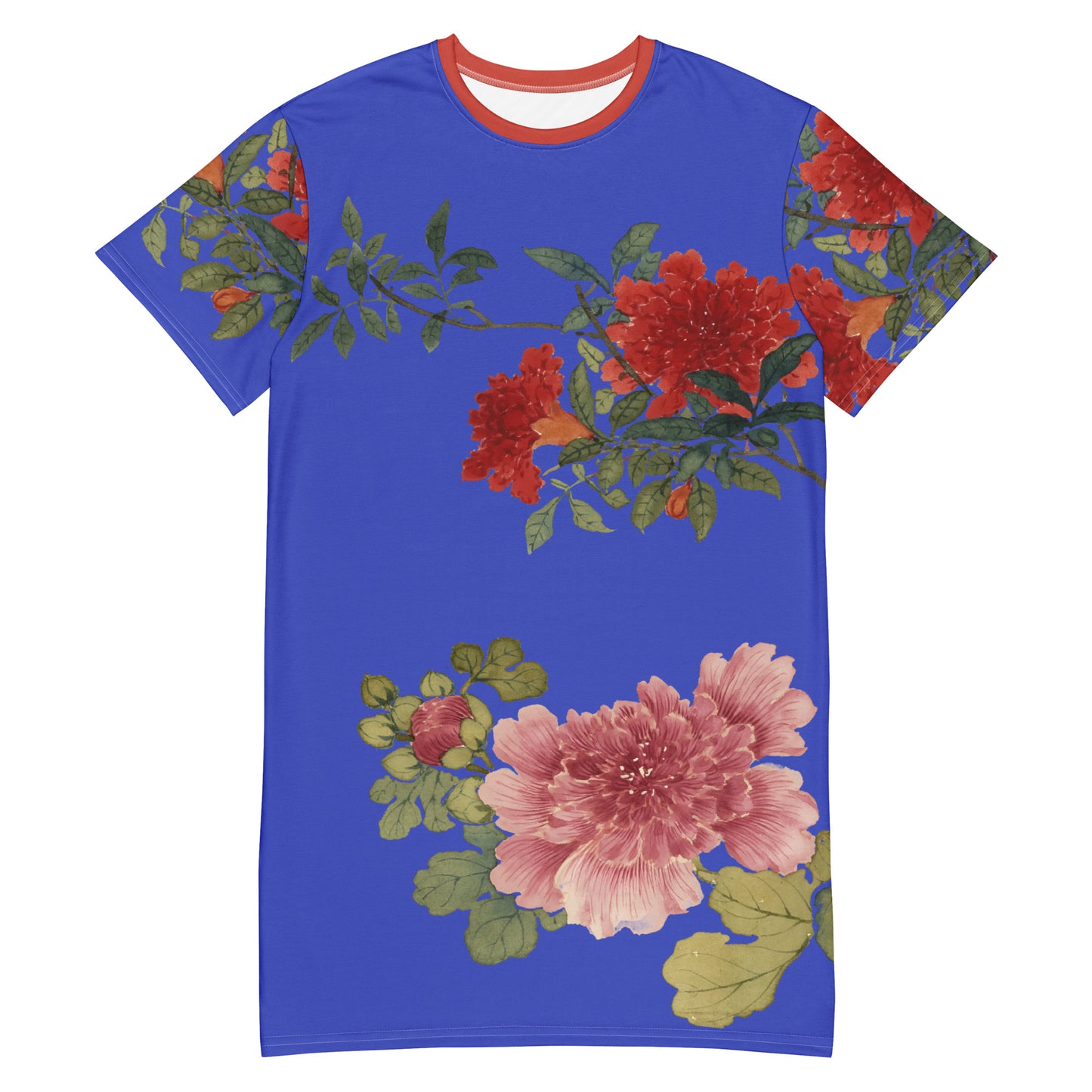 The Spirit of Flowers in Twelve Months｜Hollyhock and Pomegranate in Bloom｜T-shirt dress｜Royal blue