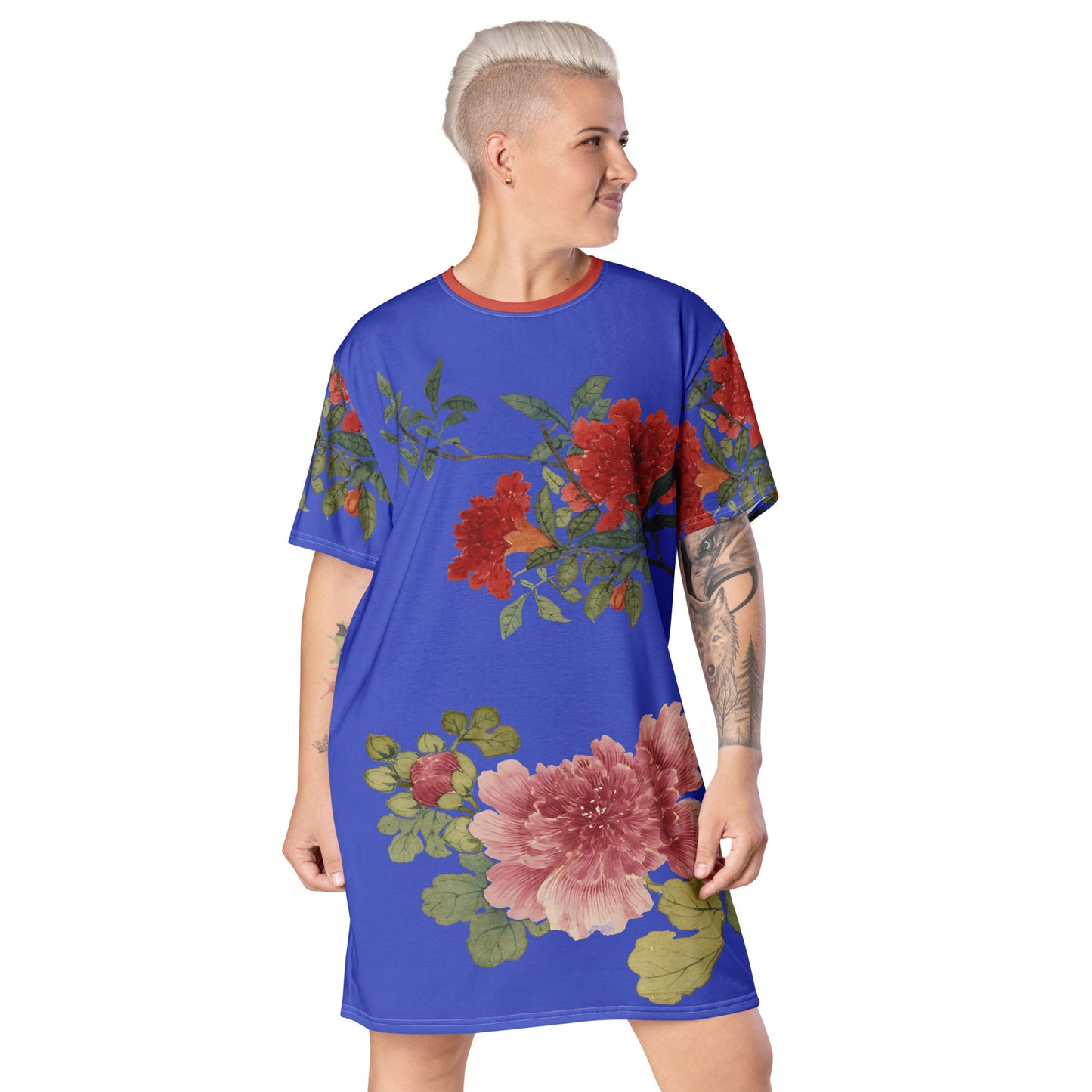 The Spirit of Flowers in Twelve Months｜Hollyhock and Pomegranate in Bloom｜T-shirt dress｜Royal blue