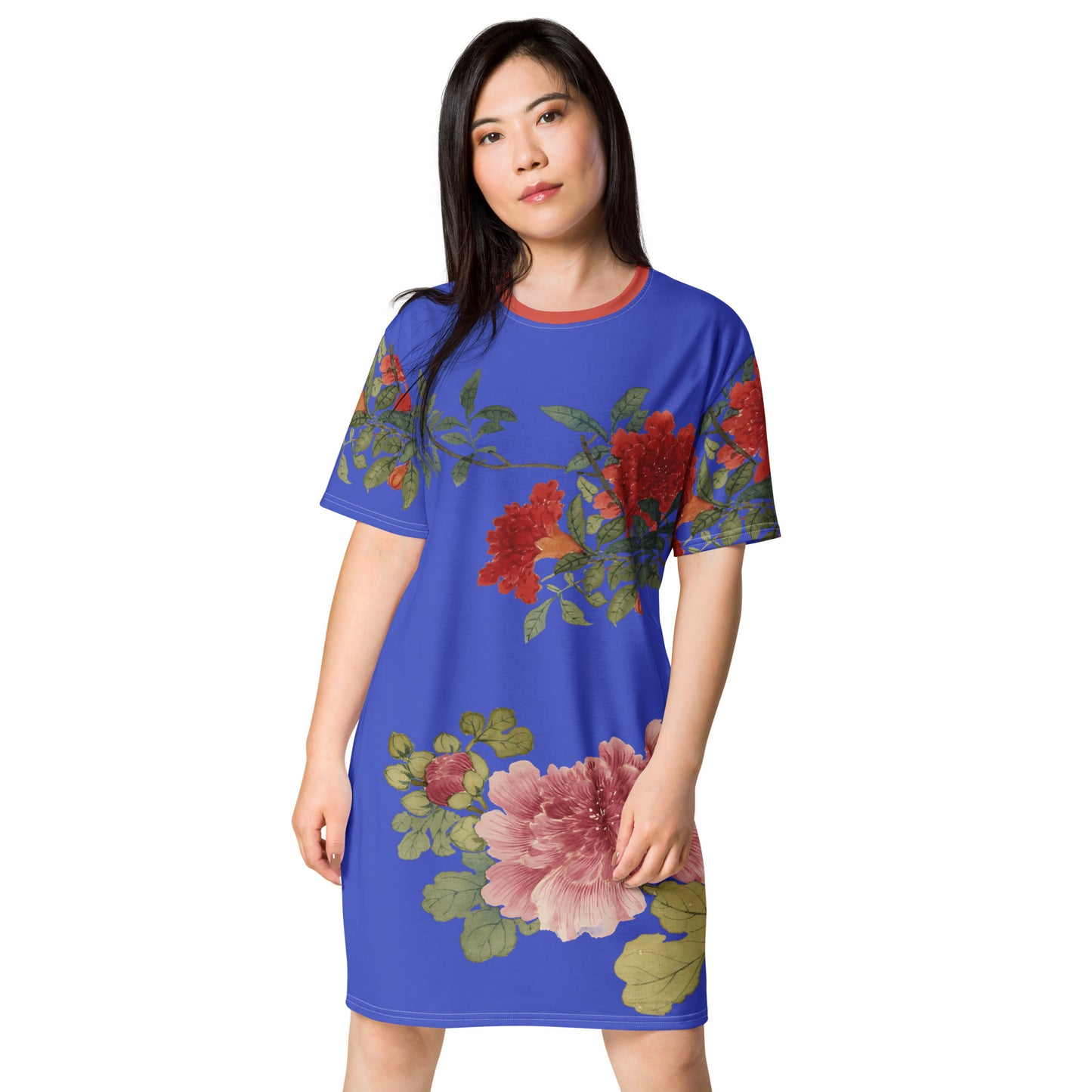 The Spirit of Flowers in Twelve Months｜Hollyhock and Pomegranate in Bloom｜T-shirt dress｜Royal blue