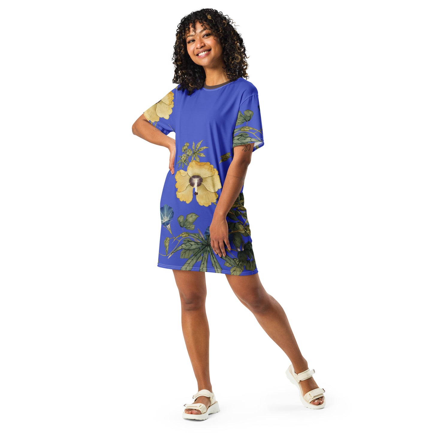 The Spirit of Flowers in Twelve Months｜Okra and White-edged Morning Glory in Bloom｜T-shirt dress｜Royal blue