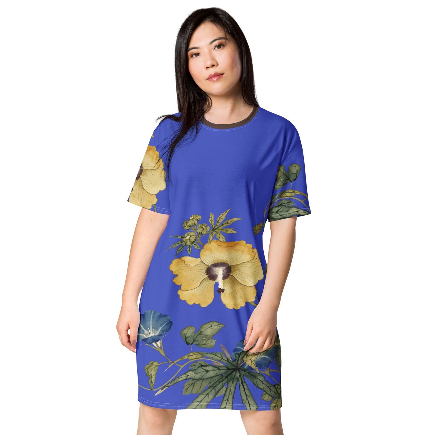 The Spirit of Flowers in Twelve Months｜Okra and White-edged Morning Glory in Bloom｜T-shirt dress｜Royal blue