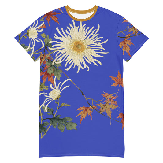 The Spirit of Flowers in Twelve Months｜Blooming Chrysanthemum and Maple Leaves｜T-shirt dress｜Royal blue