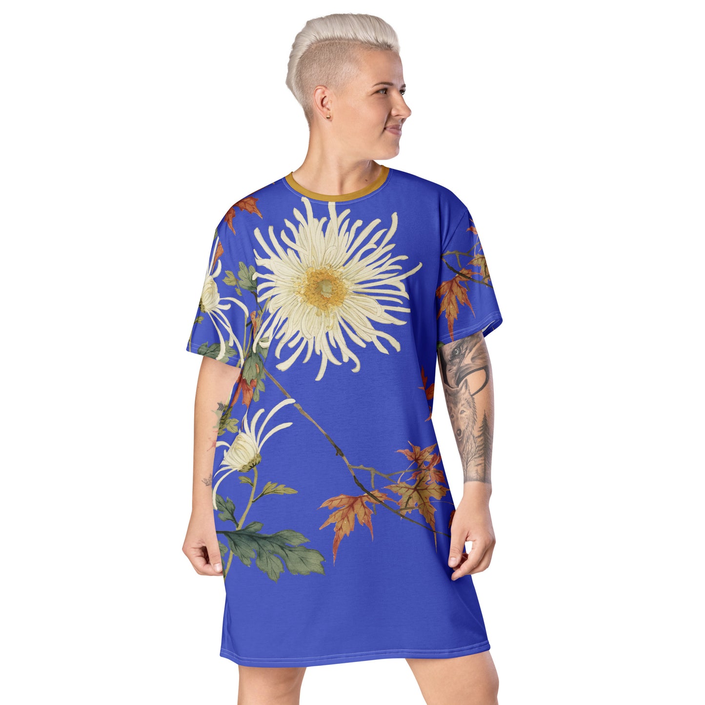 The Spirit of Flowers in Twelve Months｜Blooming Chrysanthemum and Maple Leaves｜T-shirt dress｜Royal blue