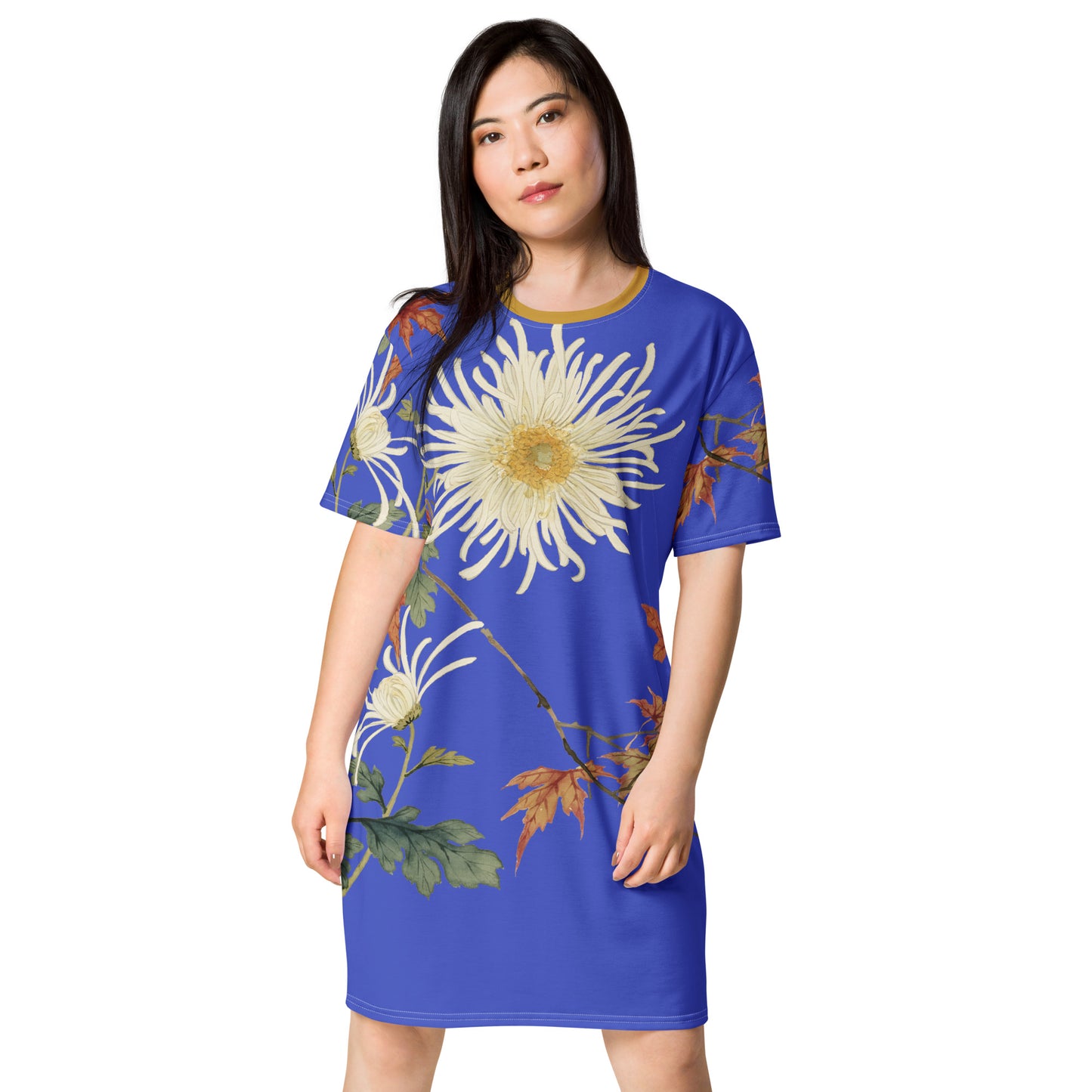 The Spirit of Flowers in Twelve Months｜Blooming Chrysanthemum and Maple Leaves｜T-shirt dress｜Royal blue