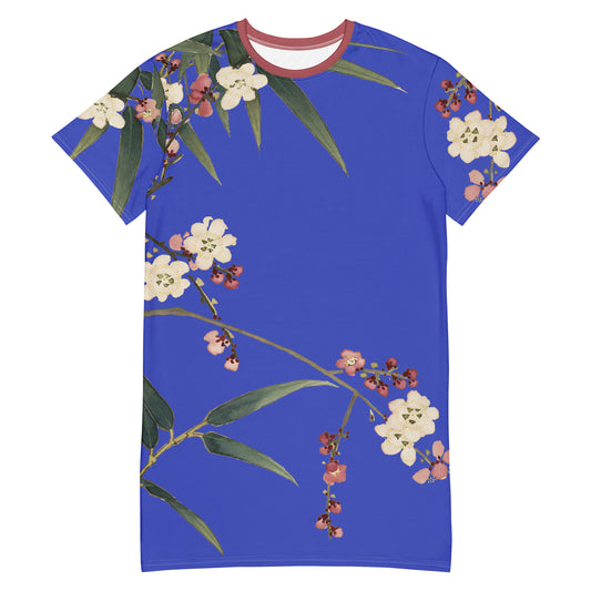 The Spirit of Flowers in Twelve Months｜Crimson Plum Blossom and Lush Green Bamboo｜T-shirt dress｜Royal blue