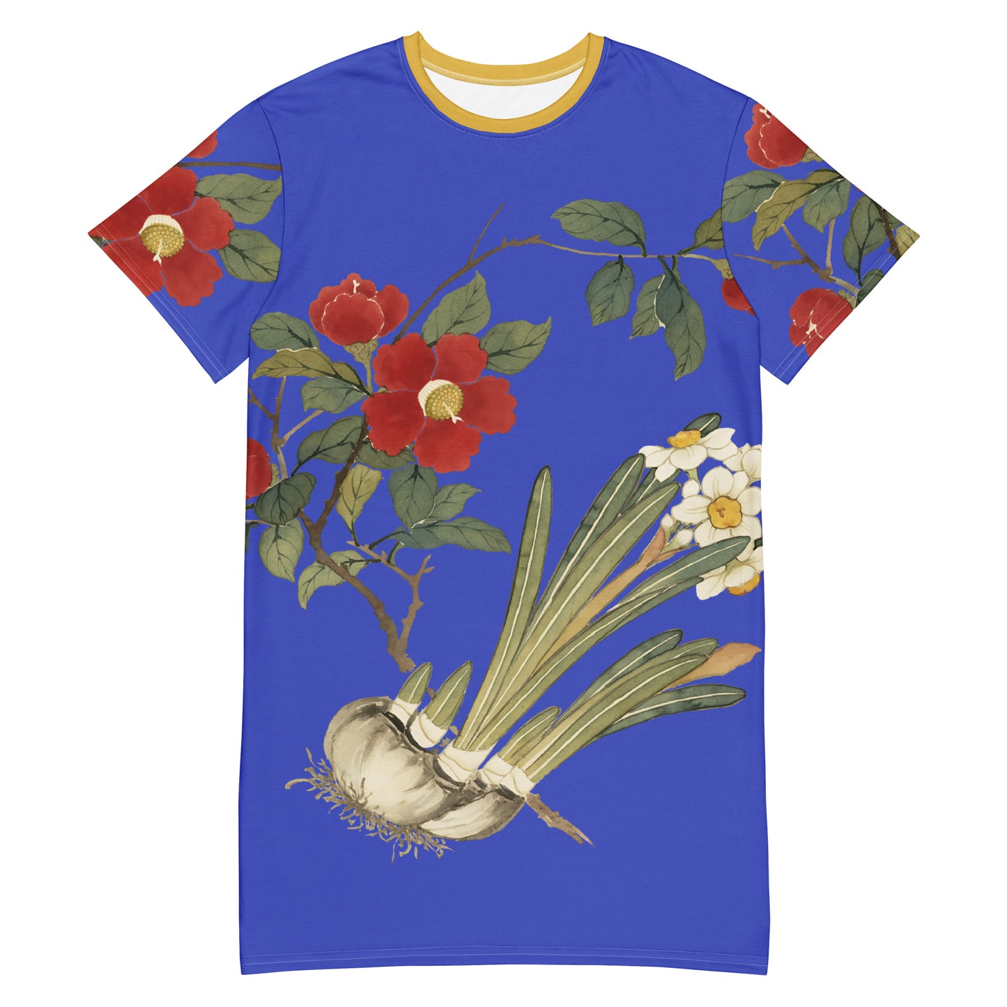 The Spirit of Flowers in Twelve Months｜Narcissus and Camelia in Bloom｜T-shirt dress｜Royal blue