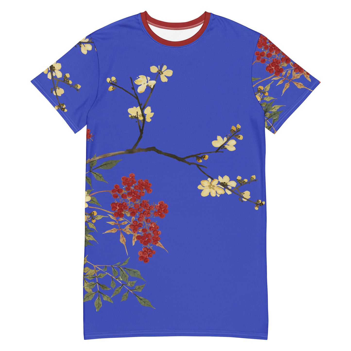 The Spirit of Flowers in Twelve Months｜Blooming Wintersweet and Heavenly Bamboo｜T-shirt dress｜Royal blue