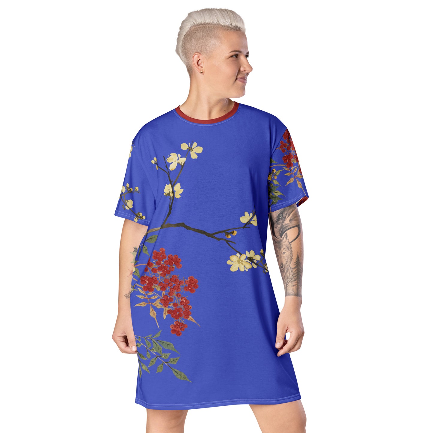 The Spirit of Flowers in Twelve Months｜Blooming Wintersweet and Heavenly Bamboo｜T-shirt dress｜Royal blue