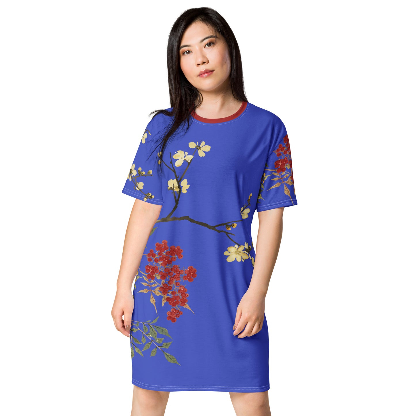 The Spirit of Flowers in Twelve Months｜Blooming Wintersweet and Heavenly Bamboo｜T-shirt dress｜Royal blue