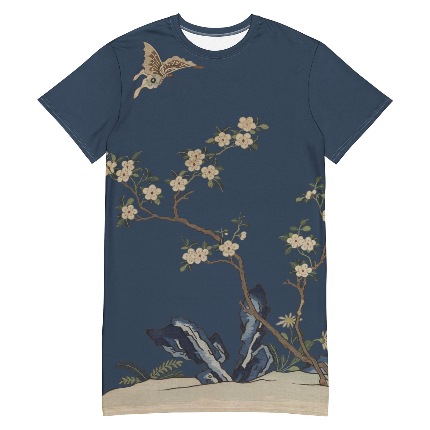 Kesi Flower Album｜White Plum Blossoms and Butterfly｜T-shirt dress｜Dark blue