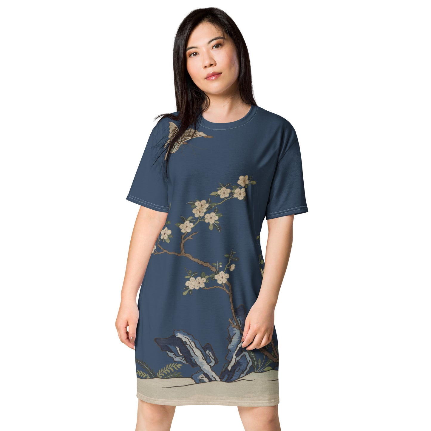 Kesi Flower Album｜White Plum Blossoms and Butterfly｜T-shirt dress｜Dark blue