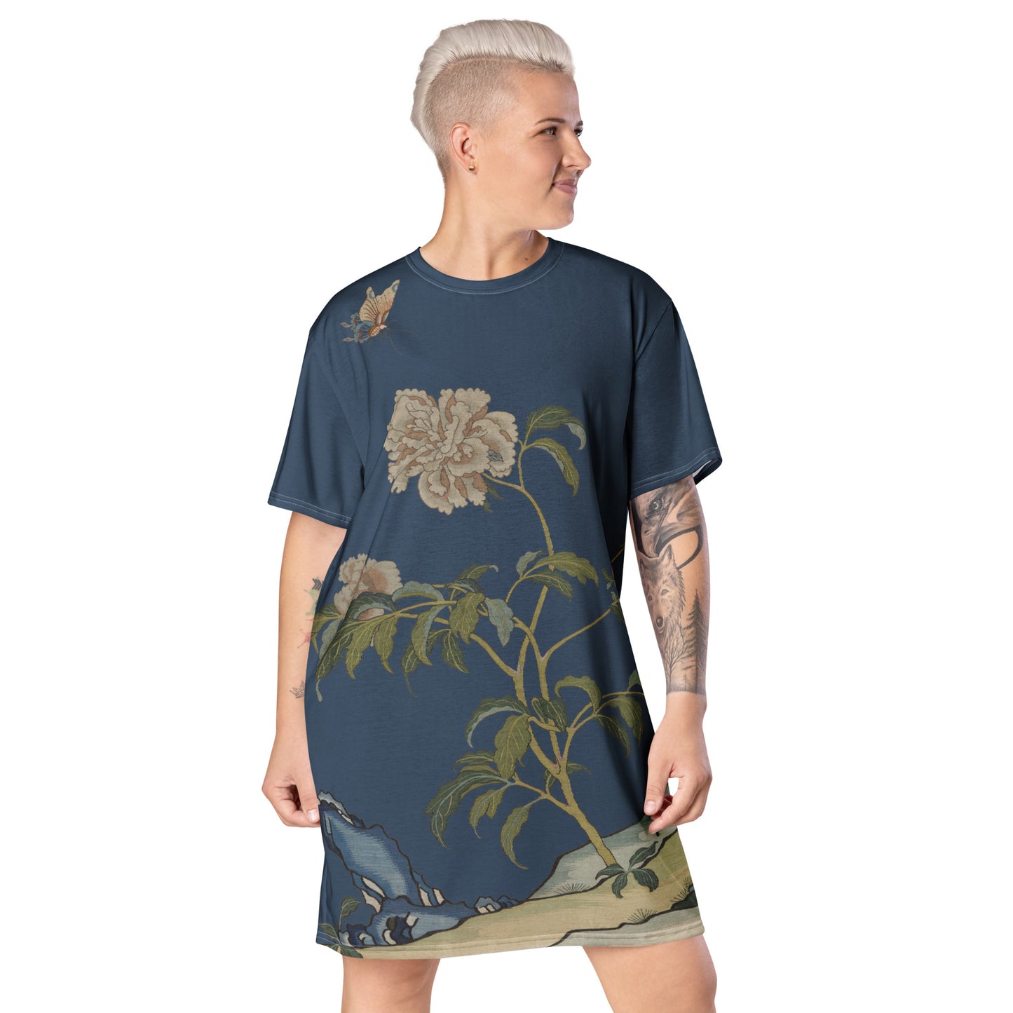 Kesi Flower Album｜Peonies and Butterfly｜T-shirt dress｜Dark blue