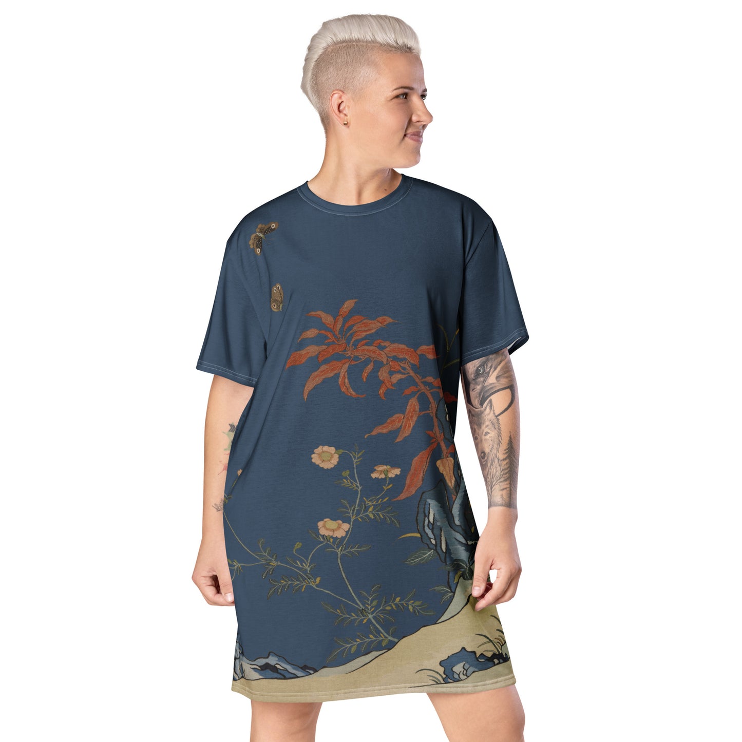 Kesi Flower Album｜Butterflies and Flowers｜T-shirt dress｜Dark blue