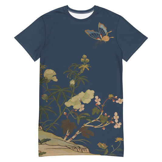 Kesi Flower Album｜Hibiscus and Begonia Blossoms｜T-shirt dress｜Dark blue