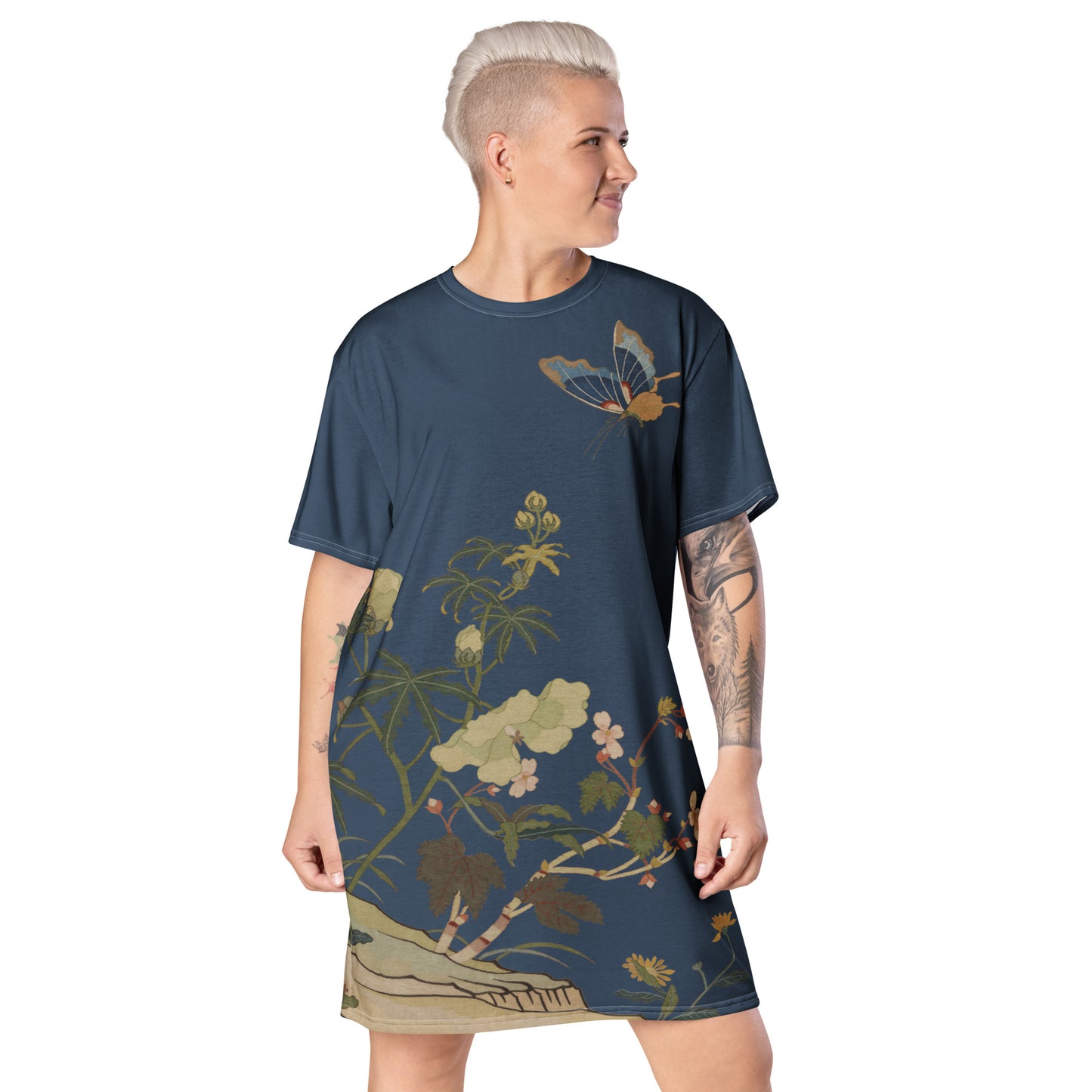 Kesi Flower Album｜Hibiscus and Begonia Blossoms｜T-shirt dress｜Dark blue