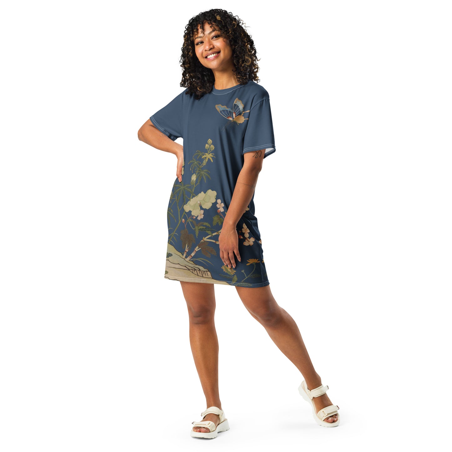 Kesi Flower Album｜Hibiscus and Begonia Blossoms｜T-shirt dress｜Dark blue