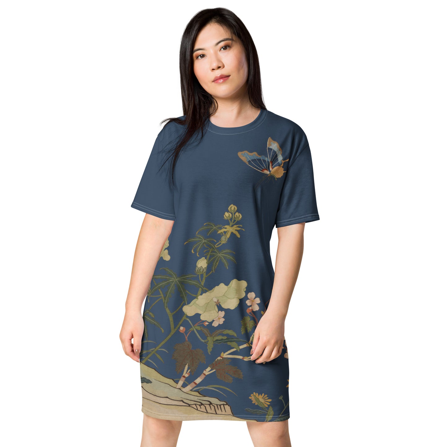 Kesi Flower Album｜Hibiscus and Begonia Blossoms｜T-shirt dress｜Dark blue