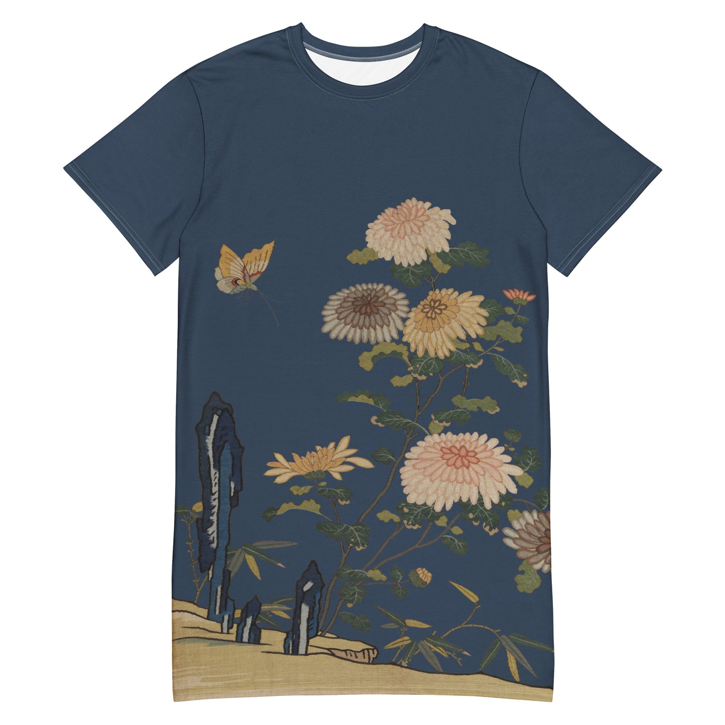 タペストリーの花｜Chrysanthemums and Butterflies｜T-shirt dress｜Dark blue