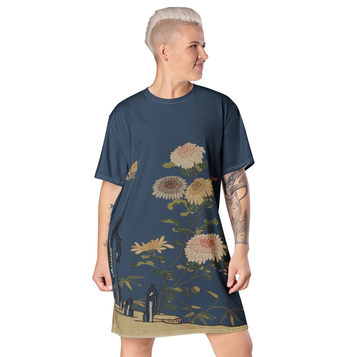 タペストリーの花｜Chrysanthemums and Butterflies｜T-shirt dress｜Dark blue