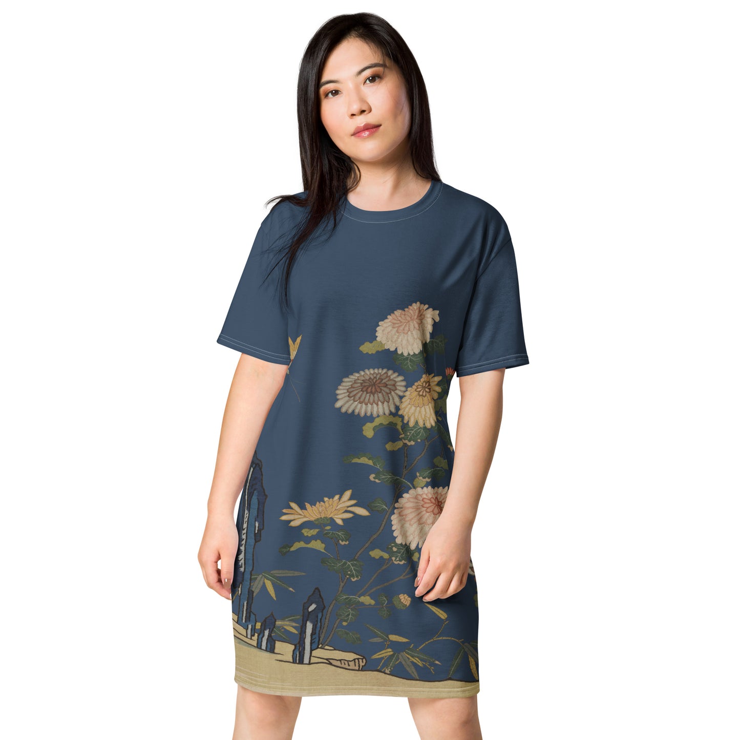 タペストリーの花｜Chrysanthemums and Butterflies｜T-shirt dress｜Dark blue