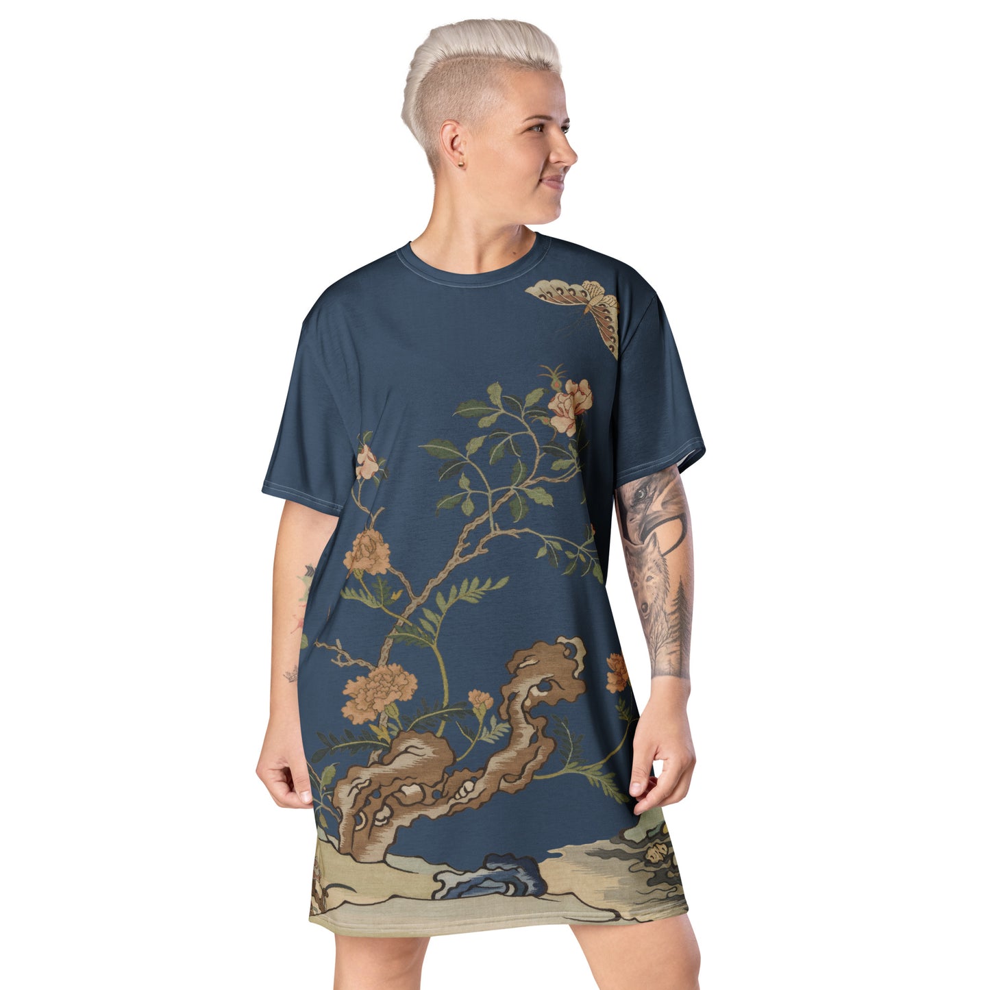 Kesi Flower Album｜Camellia and Butterfly｜T-shirt dress｜Dark blue