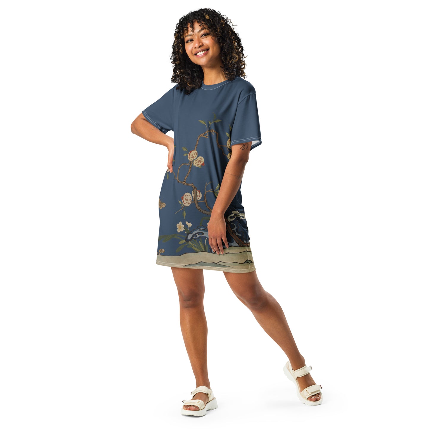 Kesi Flower Album｜Narcissus and Peaches｜T-shirt dress｜Dark blue