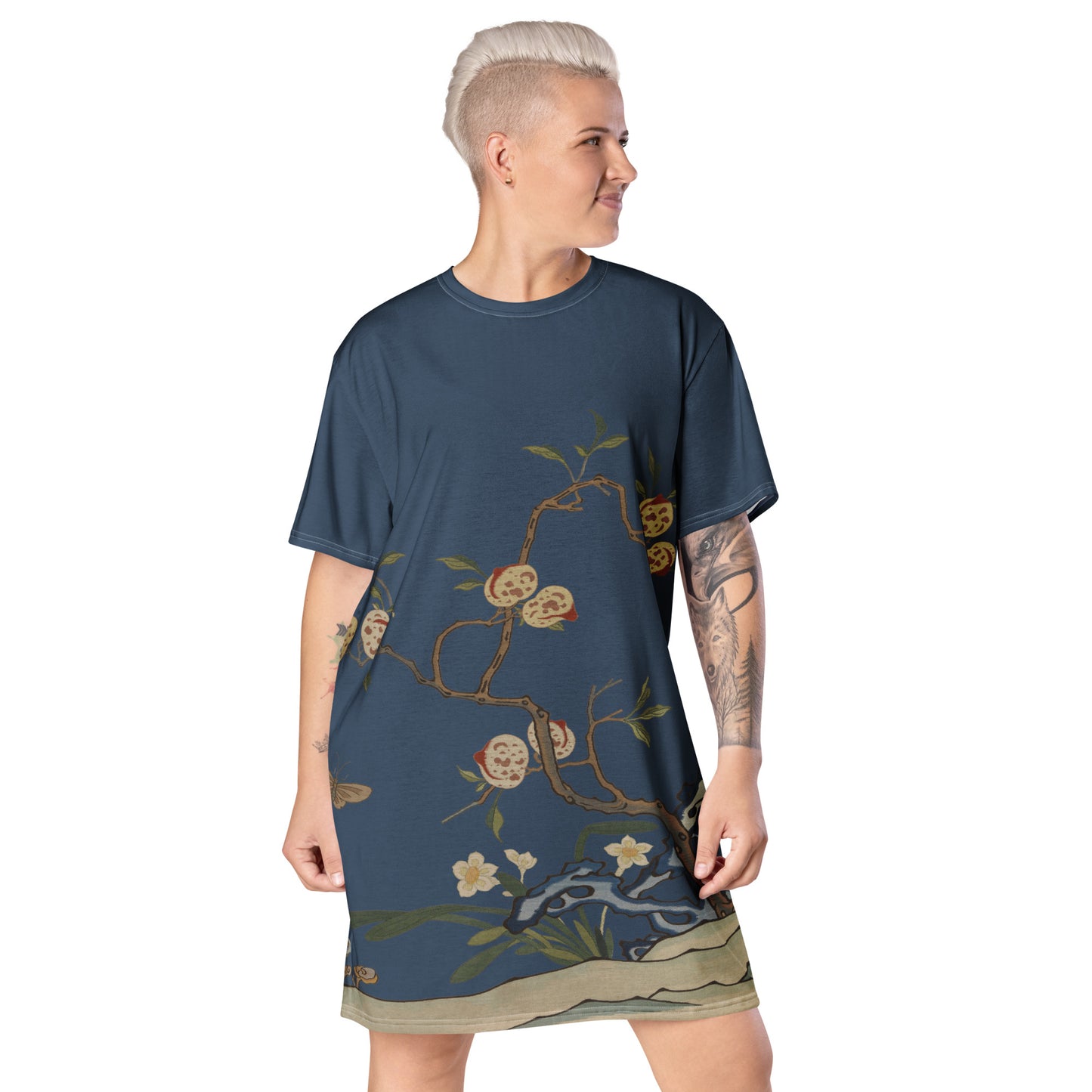 Kesi Flower Album｜Narcissus and Peaches｜T-shirt dress｜Dark blue