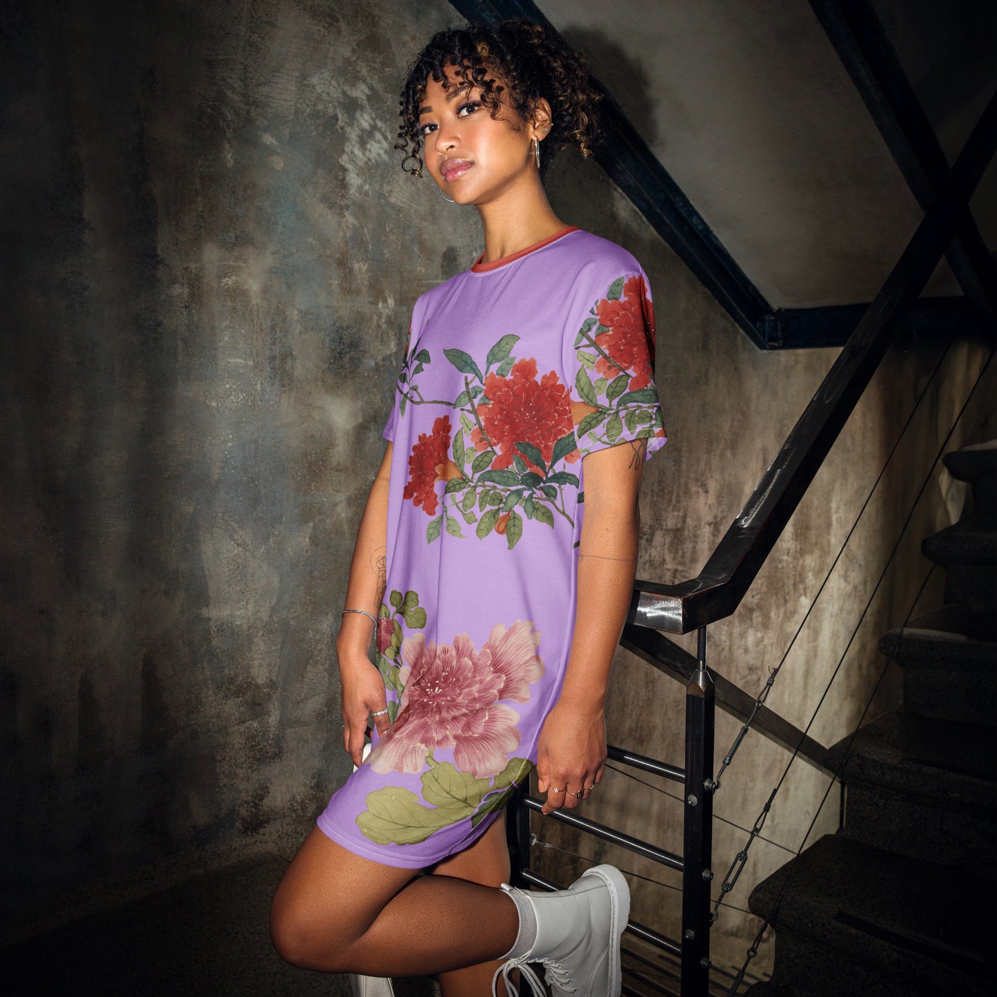 The Spirit of Flowers in Twelve Months｜Hollyhock and Pomegranate in Bloom｜T-shirt dress｜Lilac