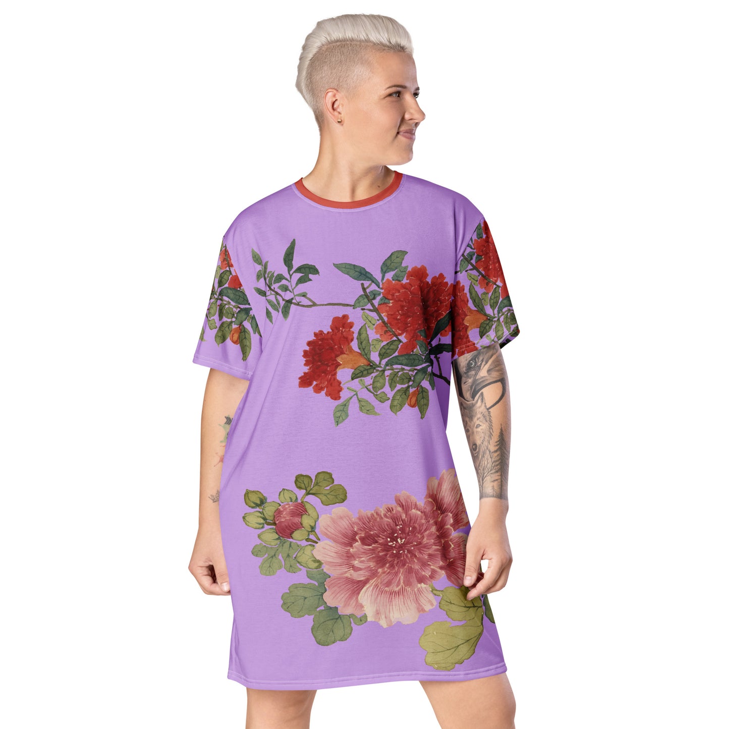 The Spirit of Flowers in Twelve Months｜Hollyhock and Pomegranate in Bloom｜T-shirt dress｜Lilac