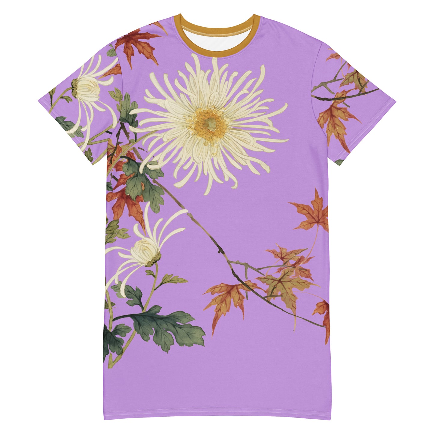 The Spirit of Flowers in Twelve Months｜Blooming Chrysanthemum and Maple Leaves｜T-shirt dress｜Lilac