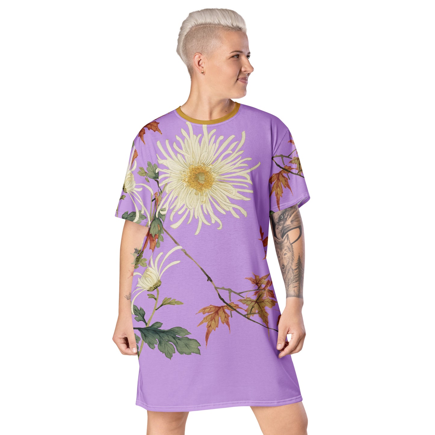 The Spirit of Flowers in Twelve Months｜Blooming Chrysanthemum and Maple Leaves｜T-shirt dress｜Lilac