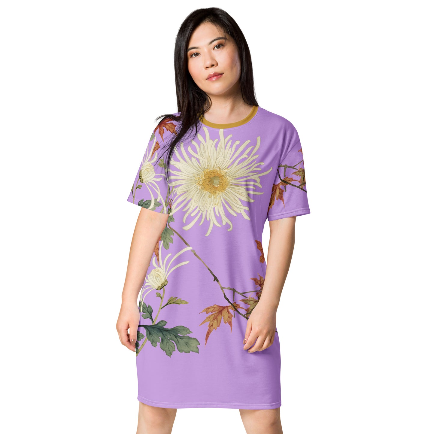 The Spirit of Flowers in Twelve Months｜Blooming Chrysanthemum and Maple Leaves｜T-shirt dress｜Lilac