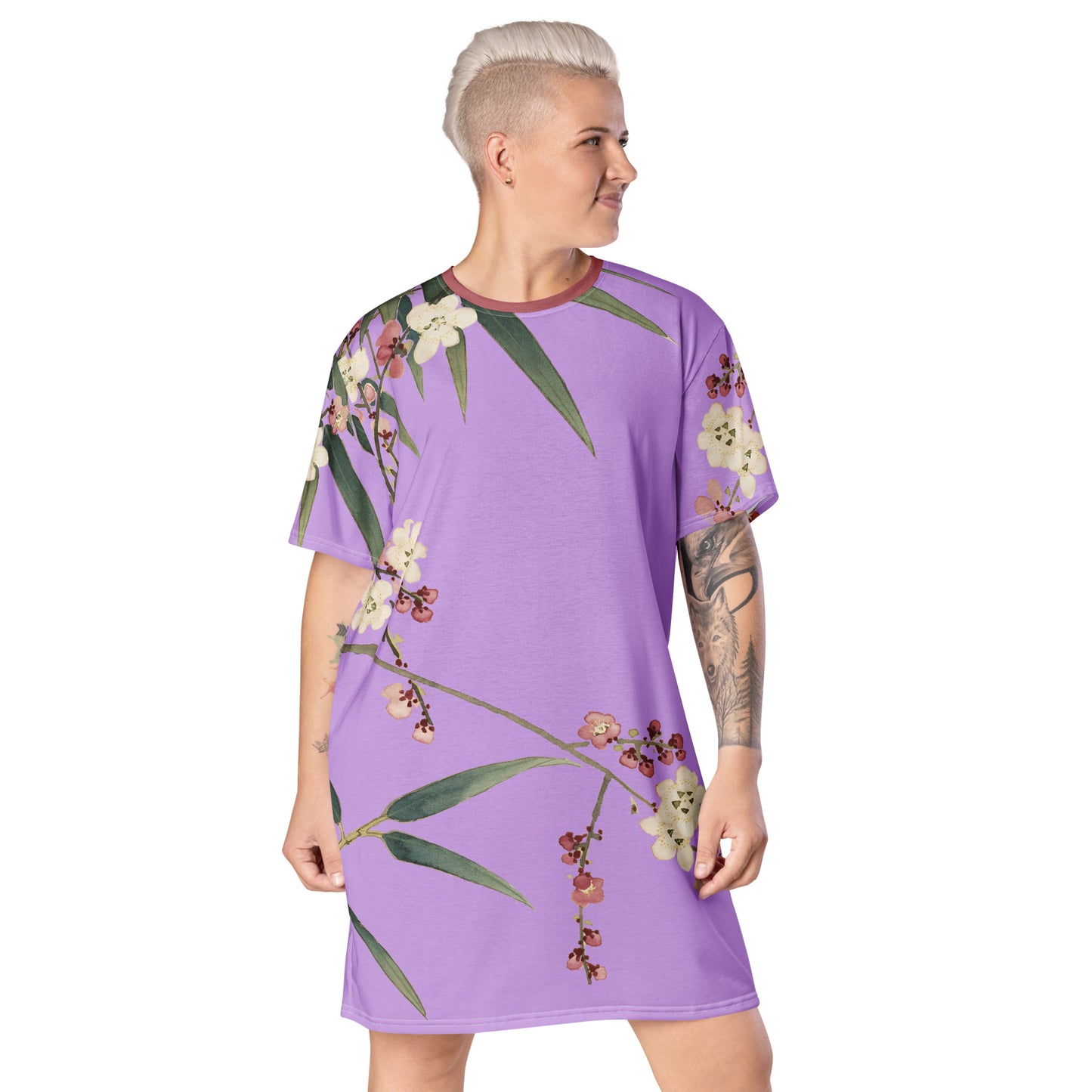 The Spirit of Flowers in Twelve Months｜Crimson Plum Blossom and Lush Green Bamboo｜T-shirt dress｜Lilac