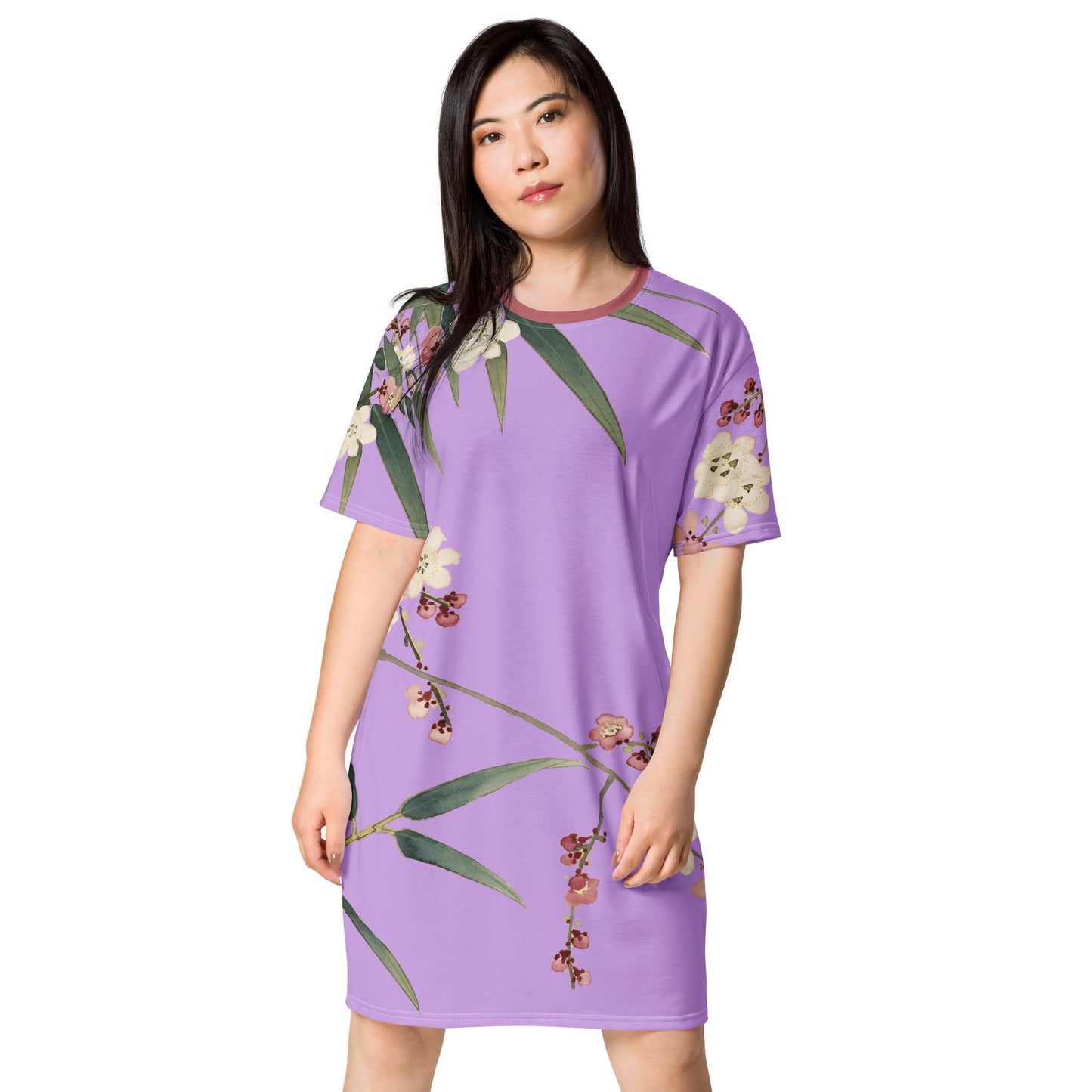 The Spirit of Flowers in Twelve Months｜Crimson Plum Blossom and Lush Green Bamboo｜T-shirt dress｜Lilac