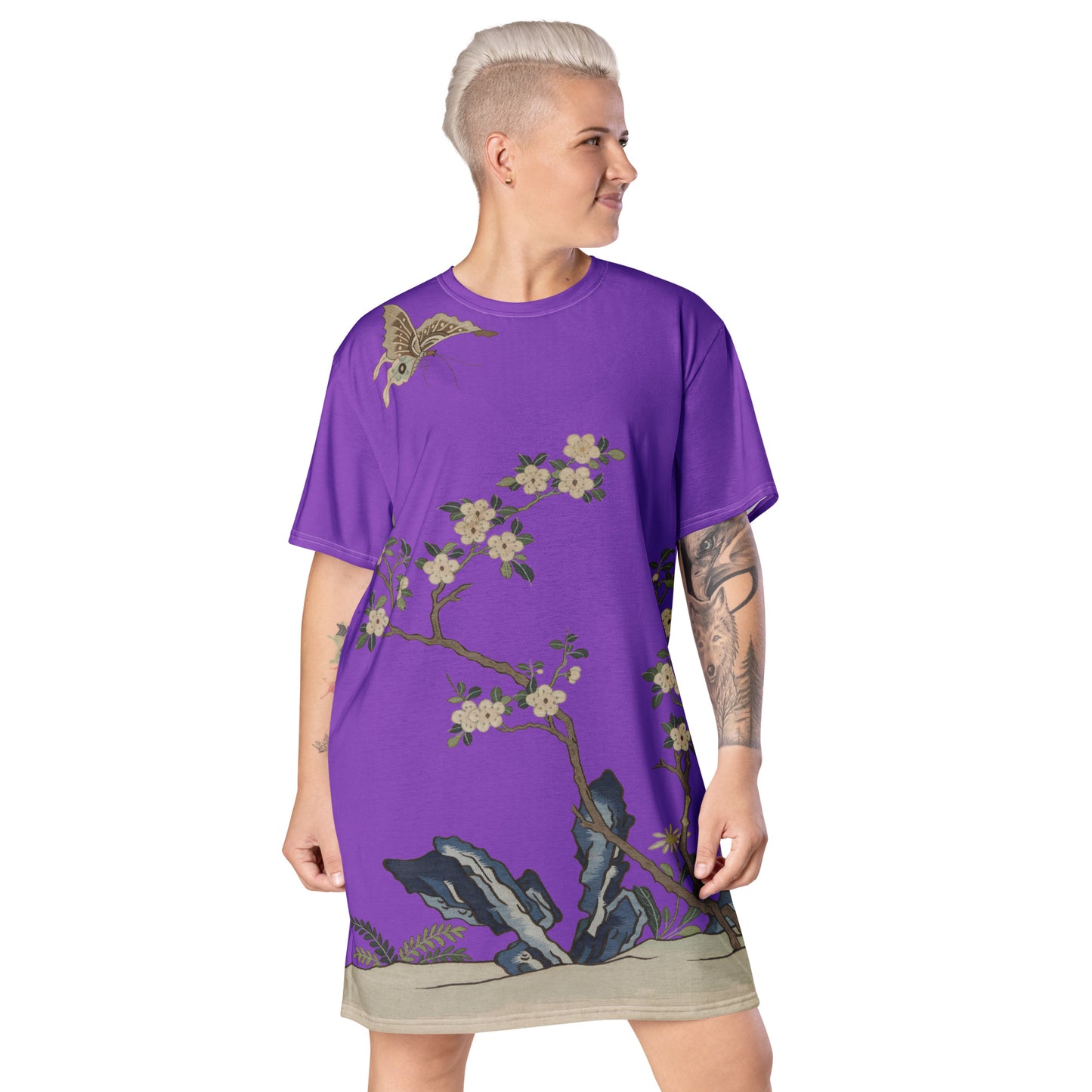 Kesi Flower Album｜White Plum Blossoms and Butterfly｜T-shirt dress｜Purple