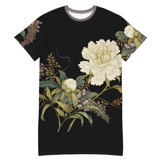 The Spirit of Flowers in Twelve Months｜Chinese Peony and Wisteria in Bloom｜T-shirt dress｜Black