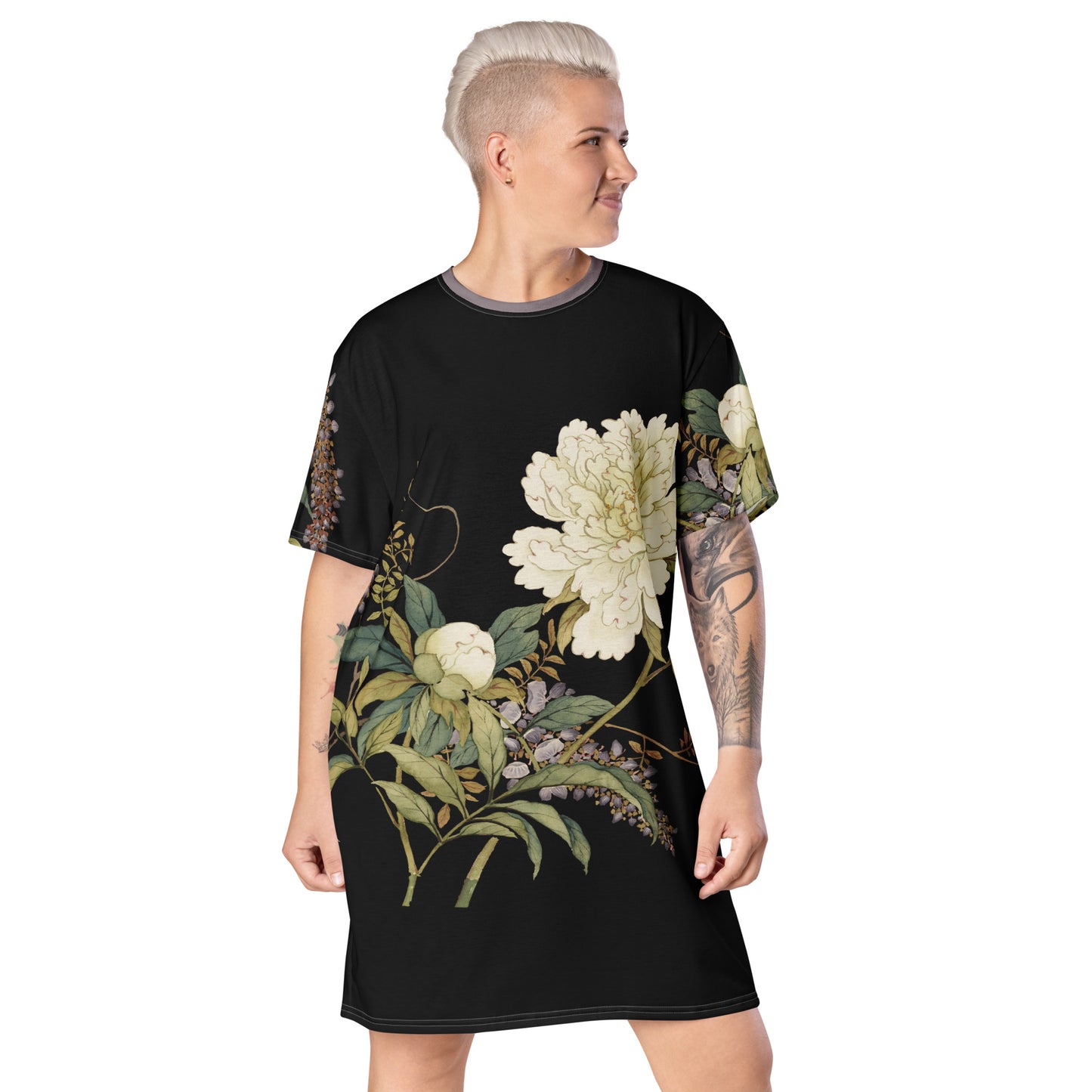 The Spirit of Flowers in Twelve Months｜Chinese Peony and Wisteria in Bloom｜T-shirt dress｜Black