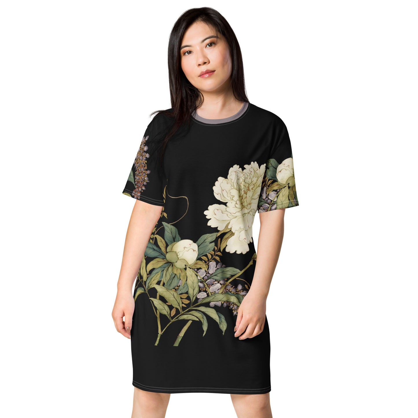 The Spirit of Flowers in Twelve Months｜Chinese Peony and Wisteria in Bloom｜T-shirt dress｜Black