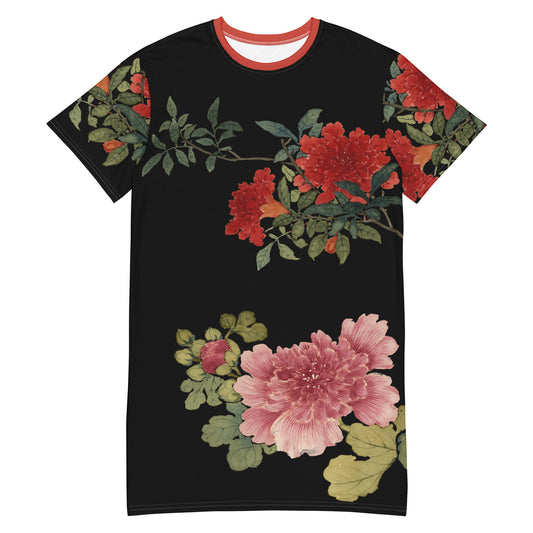 The Spirit of Flowers in Twelve Months｜Hollyhock and Pomegranate in Bloom｜T-shirt dress｜Black