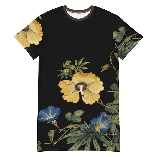 The Spirit of Flowers in Twelve Months｜Okra and White-edged Morning Glory in Bloom｜T-shirt dress｜Black