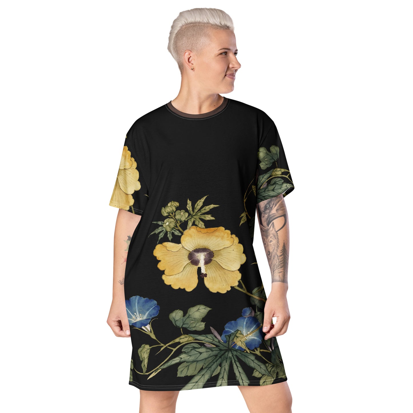 The Spirit of Flowers in Twelve Months｜Okra and White-edged Morning Glory in Bloom｜T-shirt dress｜Black